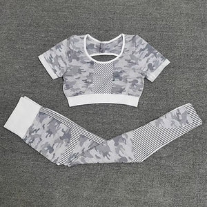 Seamless Sport Set Women Female Camouflage 2 Piece Crop Top Leggings Sportsuit Workout Outfit Fitness Active Gym Wear Yoga Sets