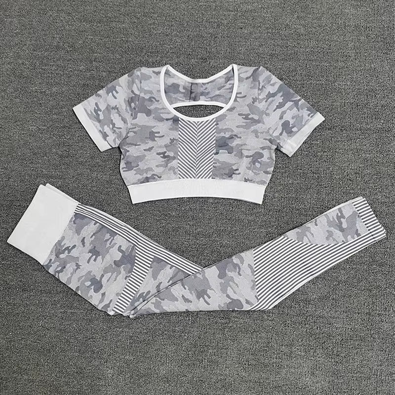 Seamless Sport Set Women Female Camouflage 2 Piece Crop Top Leggings Sportsuit Workout Outfit Fitness Active Gym Wear Yoga Sets