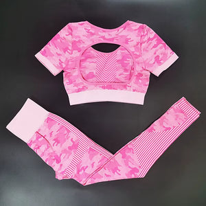 Seamless Sport Set Women Female Camouflage 2 Piece Crop Top Leggings Sportsuit Workout Outfit Fitness Active Gym Wear Yoga Sets