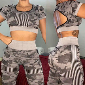 Seamless Sport Set Women Female Camouflage 2 Piece Crop Top Leggings Sportsuit Workout Outfit Fitness Active Gym Wear Yoga Sets
