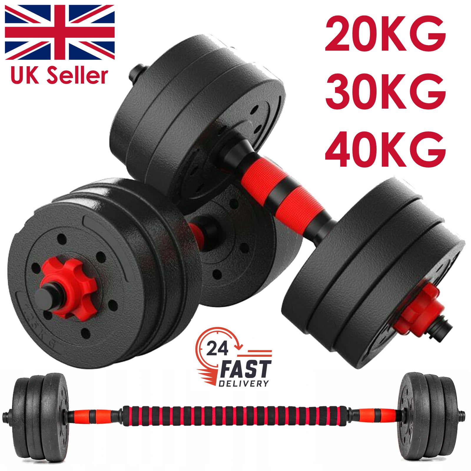 20/30/40Kg Dumbbell Barbell Weight Set Pair of Hand Weights Gym Fitness Workout