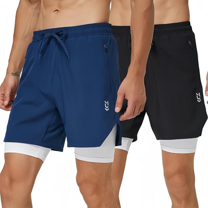 2 Pcs 2 in 1 Mens Running Shorts Quick Drying Gym Shorts Lightweight Sport Athletic Training Shorts with Zipper Pocket Compression Base Liner Workout Short